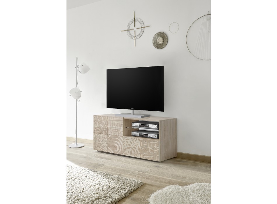 MIRO Kleiner TV-Ständer, 1 Tür, 1 Schublade, 121 x 42 x 57 cm, Eichenfarbe