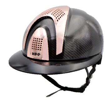 GLÄNZENDER SCHWARZER E-LIGHT-CARBON-HELM MIT GLÄNZENDEM SCHWARZEM POLO-VISIER UND 3 ROSÉGOLDENEN EINSÄTZEN