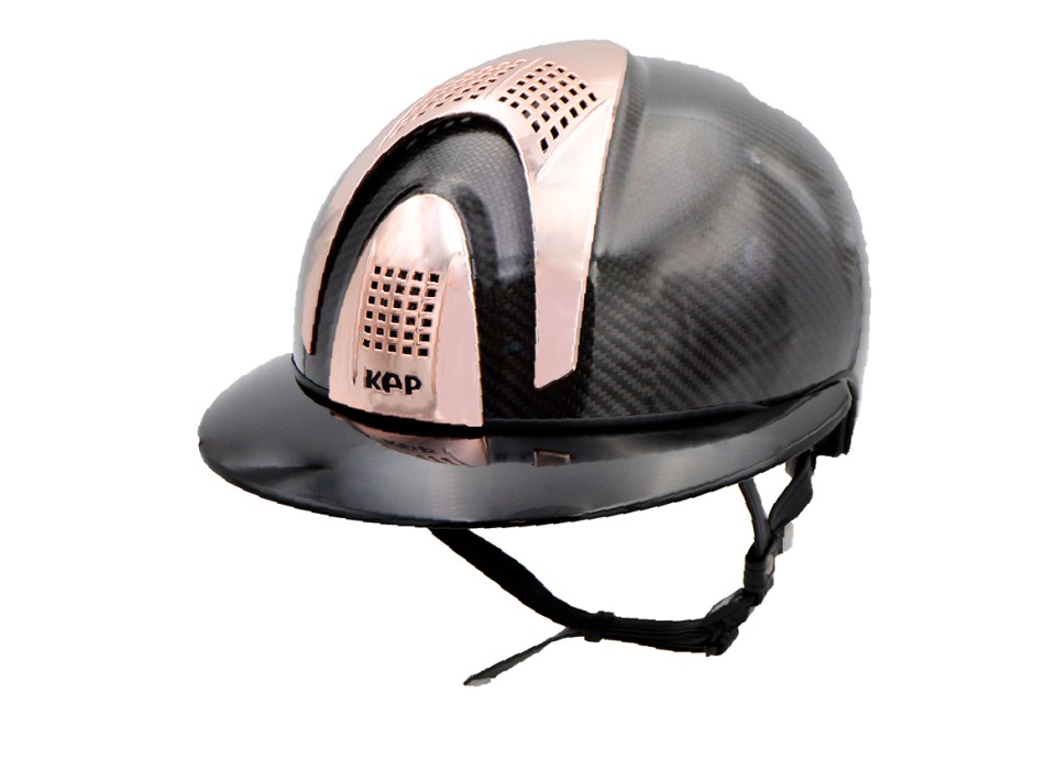 GLÄNZENDER SCHWARZER E-LIGHT-CARBON-HELM MIT GLÄNZENDEM SCHWARZEM POLO-VISIER UND 3 ROSÉGOLDENEN EINSÄTZEN