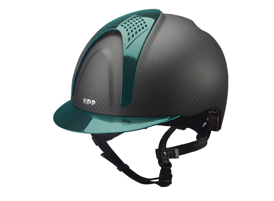 MATTSCHWARZER E-LIGHT CARBON-HELM MIT METALLISCHEM GRÜNEN VISIER UND 2 METALLISCHEN GRÜNEN STECKER