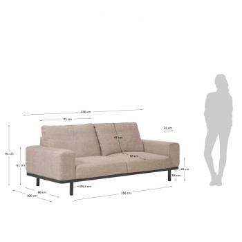 Divano Noa 3 posti beige con gambe finitura scura 230 cm