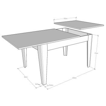 Cico-Tisch – Ausziehbarer Tisch 90 x 120/180 cm. Cico Mix gespachtelte weiße Platte – gespachtelte anthrazitfarbene Basis