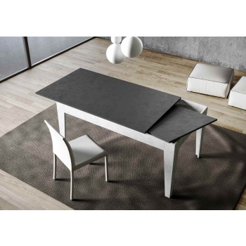 Cico-Tisch – Ausziehbarer Tisch 90 x 120/180 cm. Cico Mix gespachtelte weiße Platte – gespachtelte anthrazitfarbene Basis